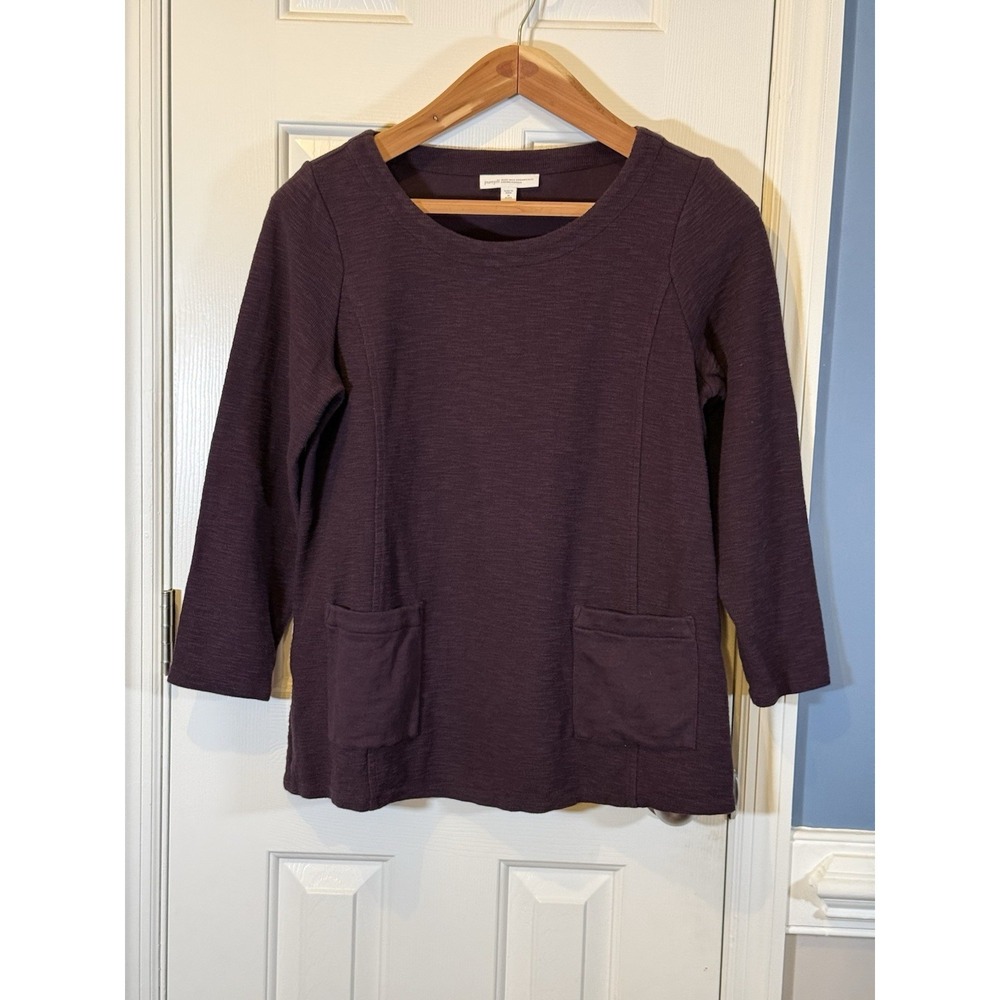 Pure Jill M Purple Pullover Sweater Pockets 100% Organic Grown Cotton 3/4 Slve